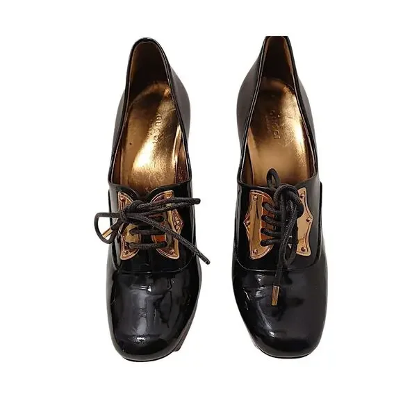 Gucci Oxford Platform Pumps 9.5B Black Patent Leather Gold-tone Hardware Laceup